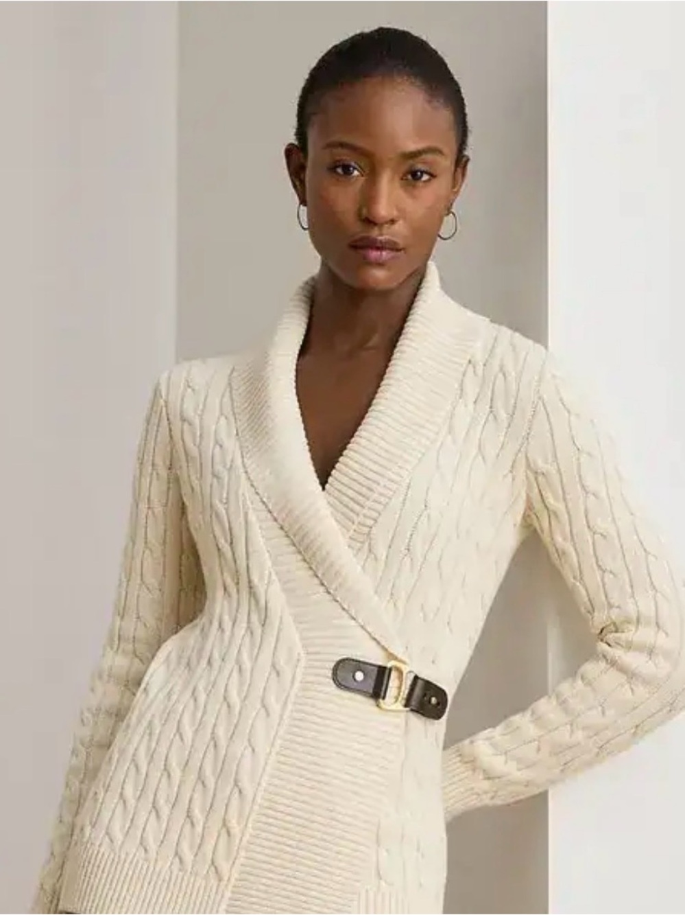 Ralph Lauren Cream Cable-Knit Shawl Collar Cardigan with Buckle